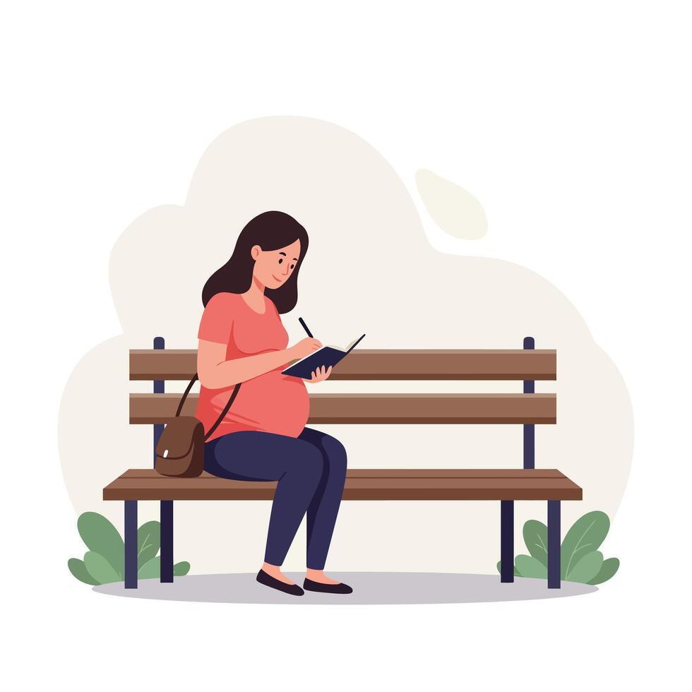 Pregnant woman sitting on a bench with a notebook in flat art vector