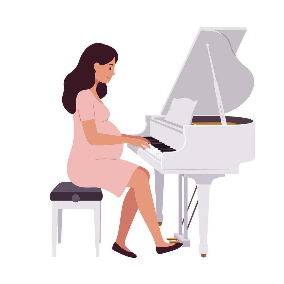 Pregnant woman playing piano in minimal flat design illustration vector
