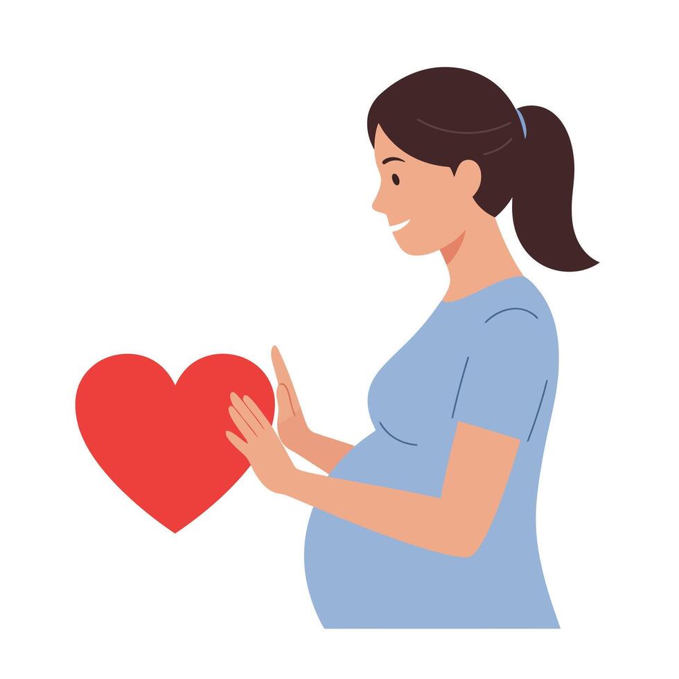 Pregnant woman holding heart symbol in flat design art vector