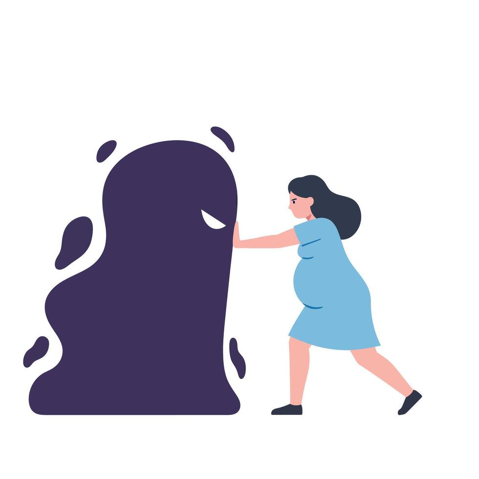 Woman pushing away dark shape in flat illustration style for emotional expression vector