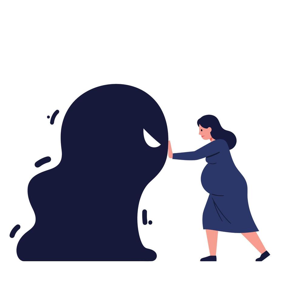 Woman pushing away shadowy figure in flat art representation vector