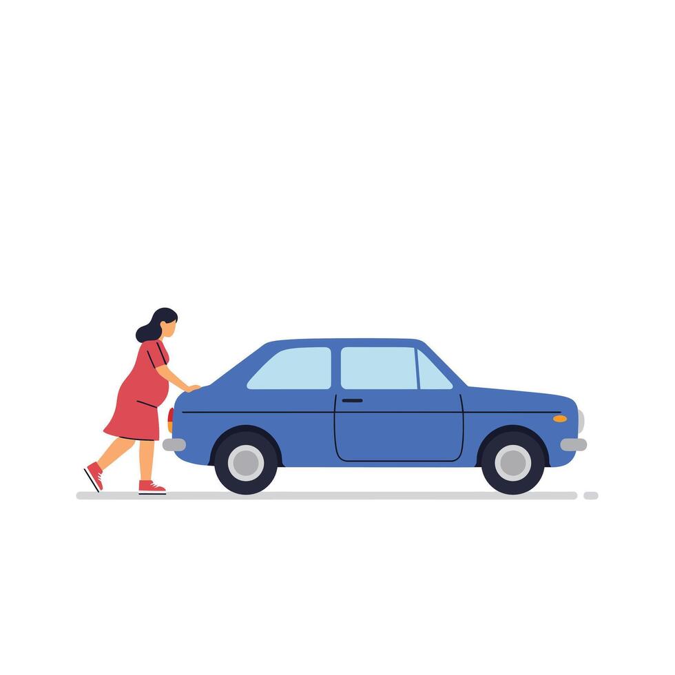 Woman pushing a blue car in a flat minimal art style illustration vector