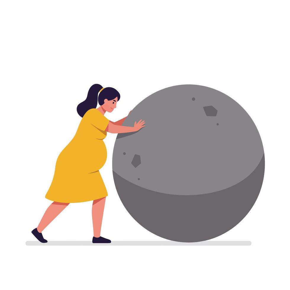 Woman in yellow dress pushing a large gray boulder in flat art vector