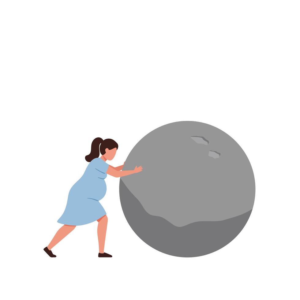 Woman pushing a large boulder in a minimal flat design illustration vector
