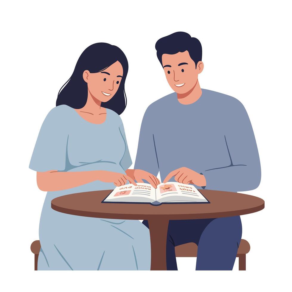 Couple reading a book together in a flat and minimal illustration vector