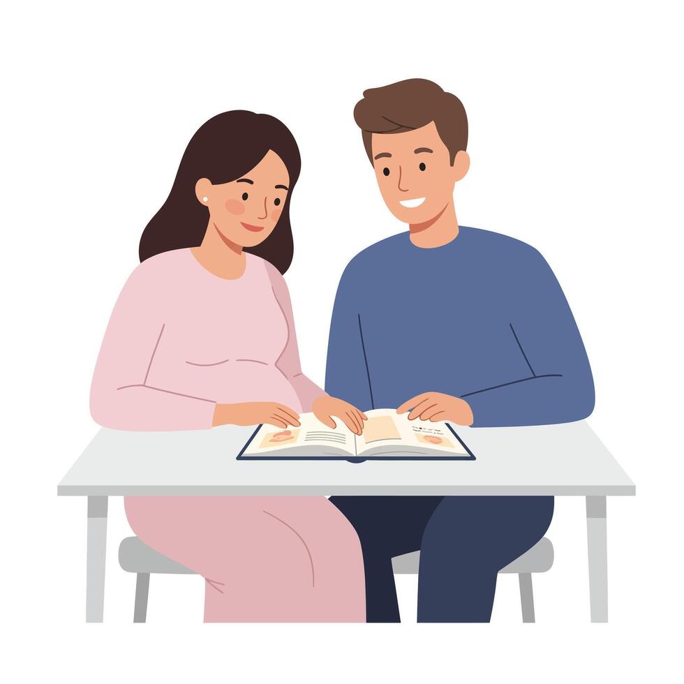 Couple reading together at a table in minimal flat illustration vector