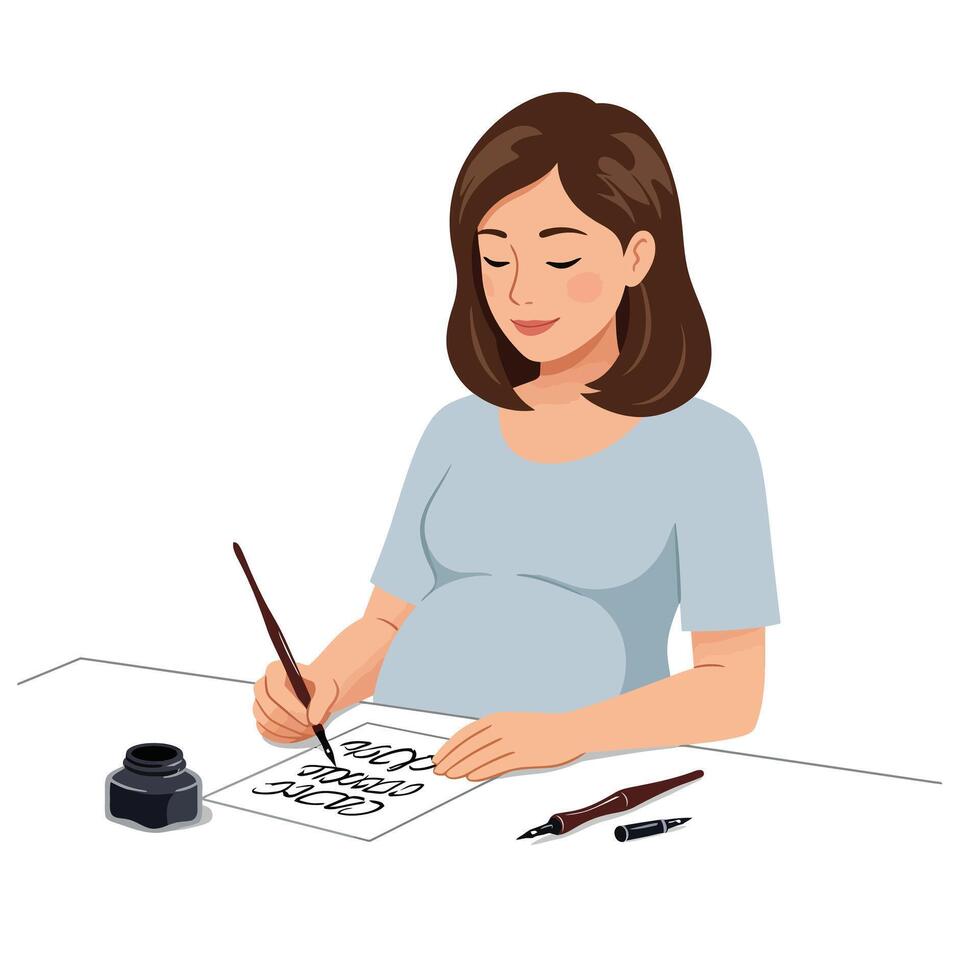 Pregnant woman writing notes with ink pen in flat illustration vector