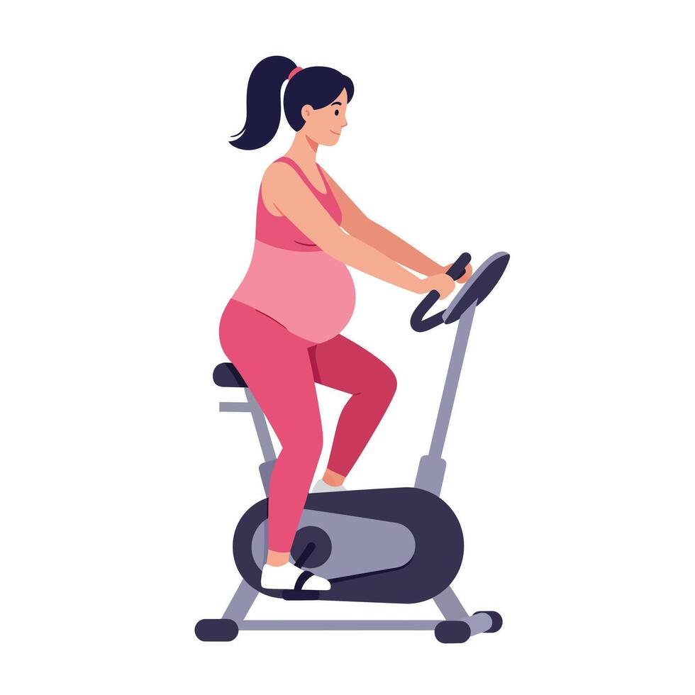 Pregnant woman exercising on stationary bike in flat illustration vector