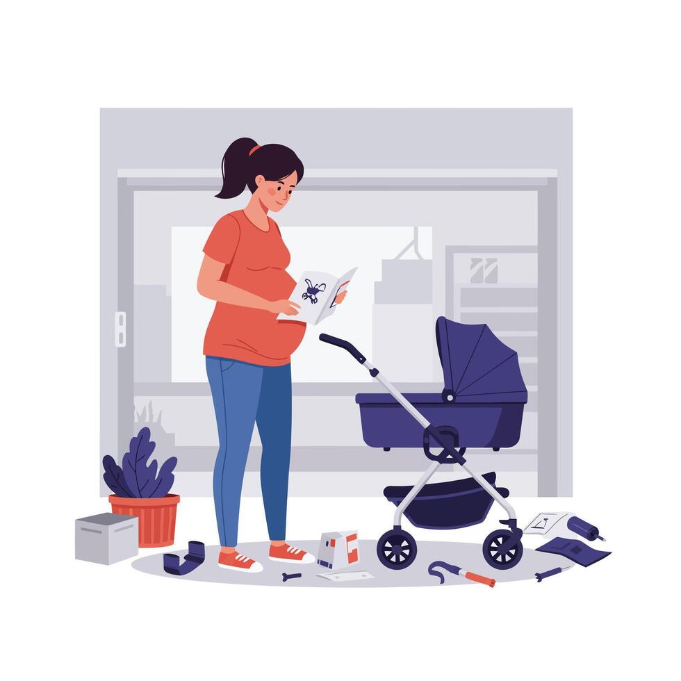 Pregnant woman assembling stroller in minimal flat art vector