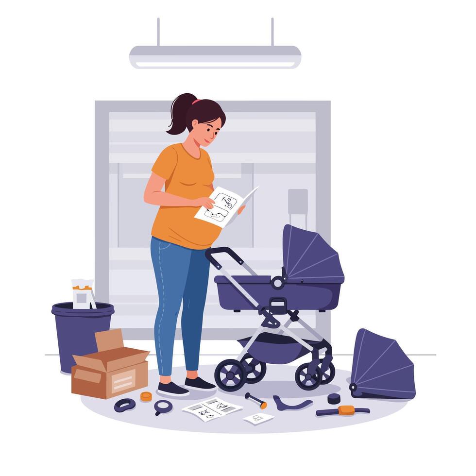 Woman assembling baby stroller with instructions in flat illustration vector