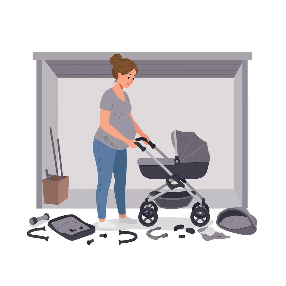 Pregnant woman assembling baby stroller in minimal flat illustration vector