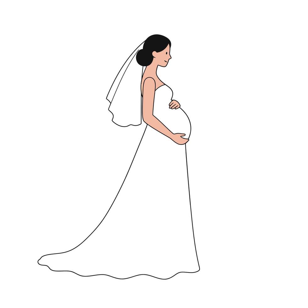 Pregnant bride in elegant white gown with flowing veil in flat illustration vector