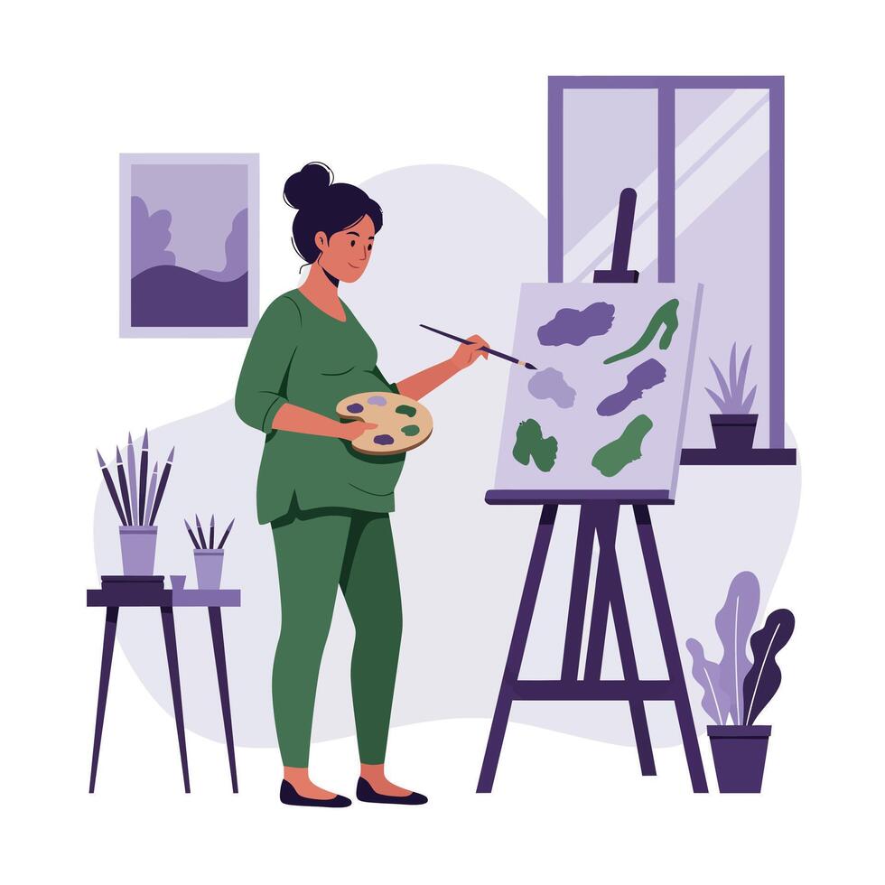 Woman painting on an easel in a flat detailed illustration style vector