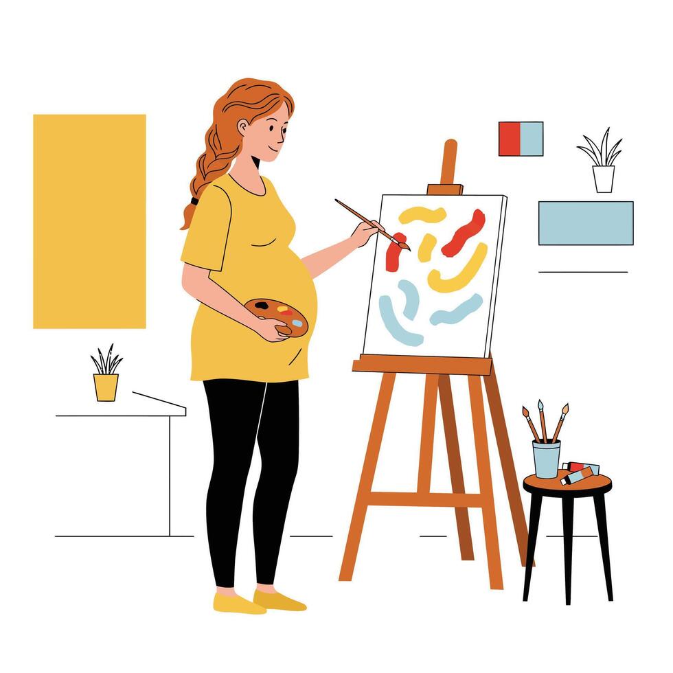 Woman painting on canvas with bright colors in flat art vector