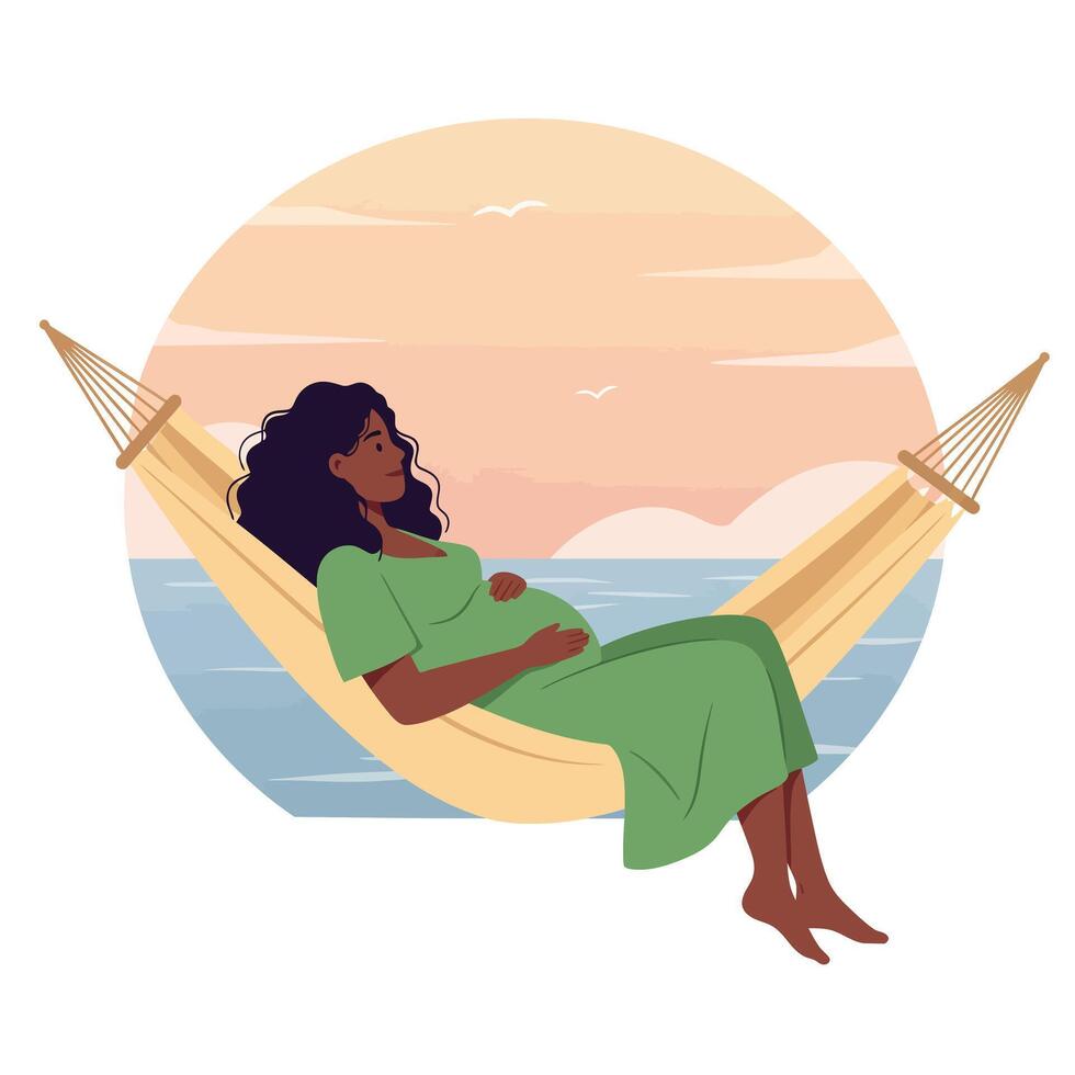 Relaxing pregnant woman in hammock with sunset background, minimal illustration vector