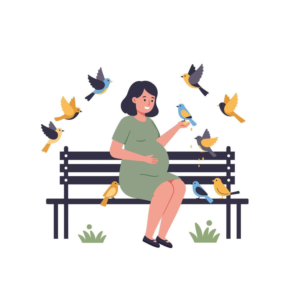 Pregnant woman sitting on a bench with colorful birds in flat art vector