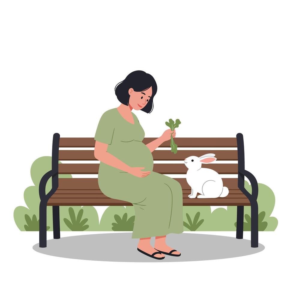Pregnant woman sitting on a bench feeding a rabbit in flat illustration vector