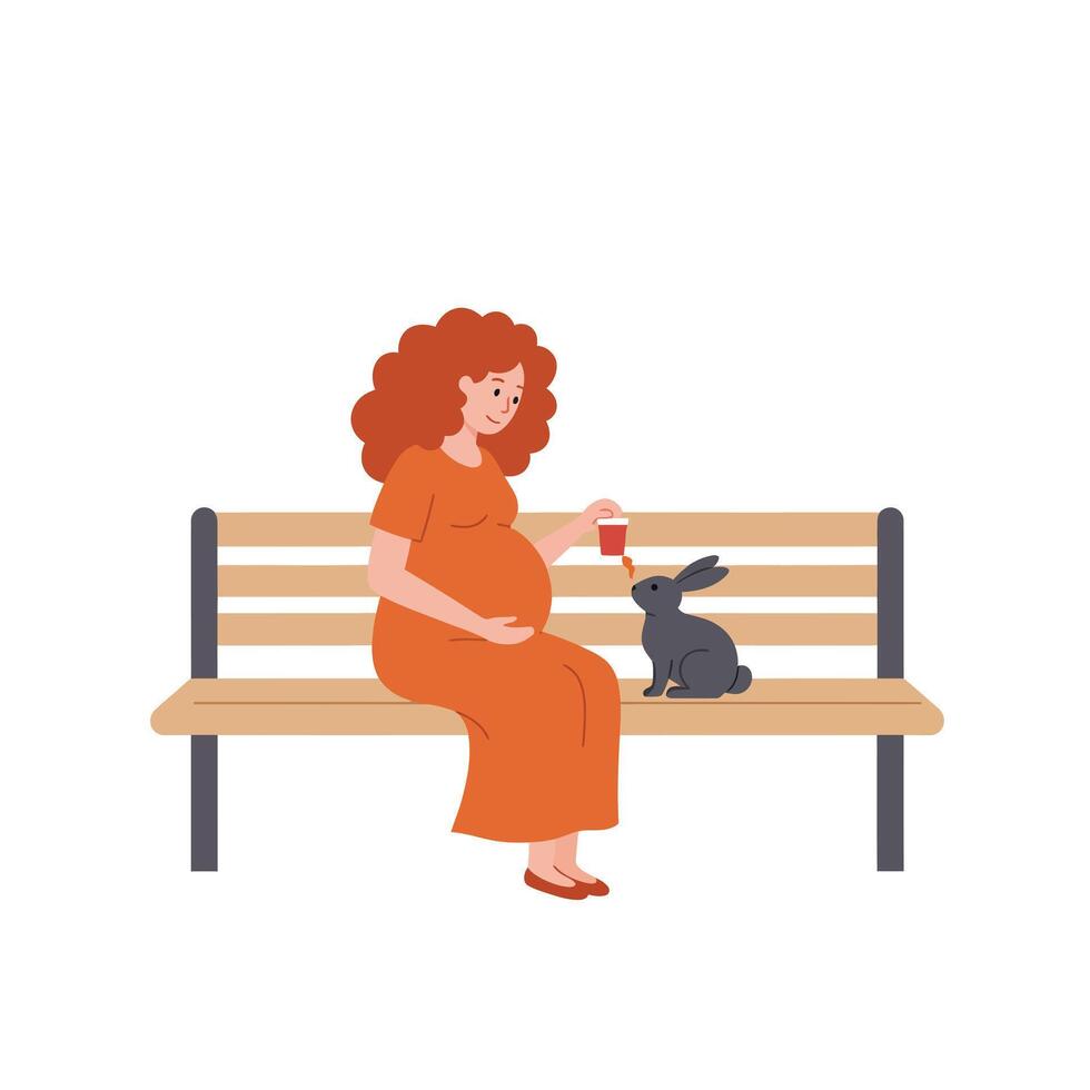 Pregnant woman sitting on a bench feeding a rabbit in minimal illustration vector