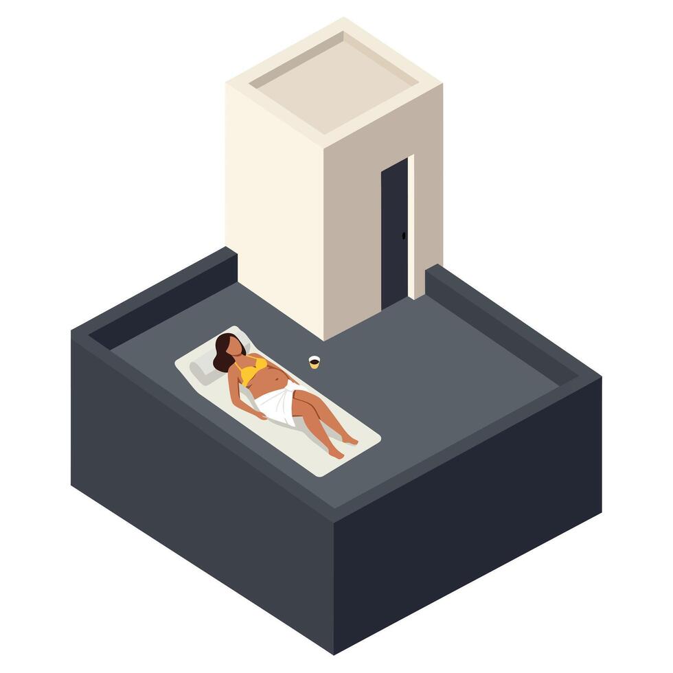 A woman relaxing on a bed in a minimal, modern room, illustration vector