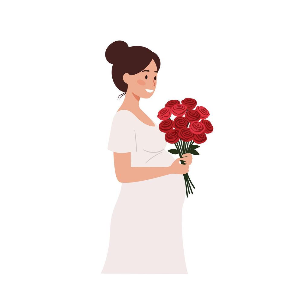 Pregnant woman smiling while holding a bouquet of red roses in flat art vector