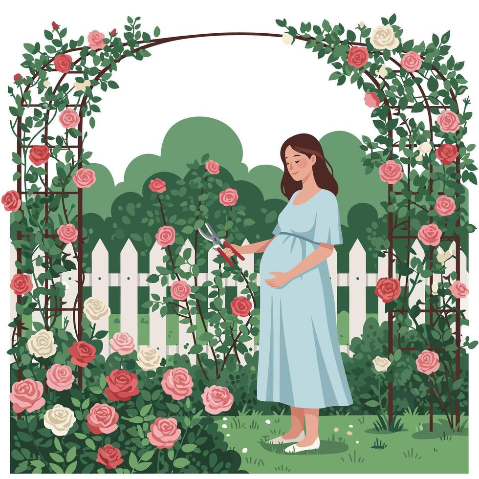 Pregnant woman tending to roses in a garden with flat illustration vector