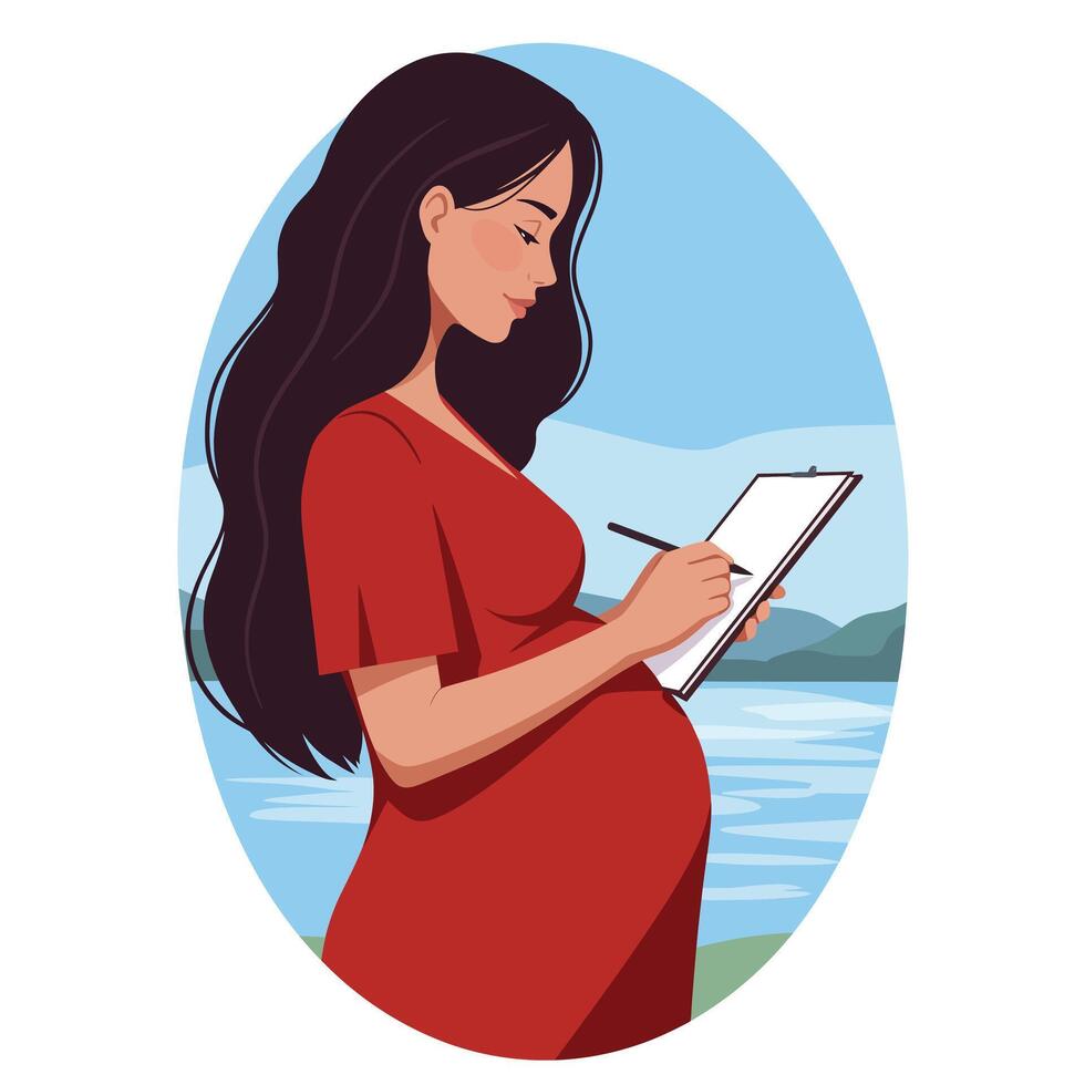 Pregnant woman writing in a notebook in flat art style vector