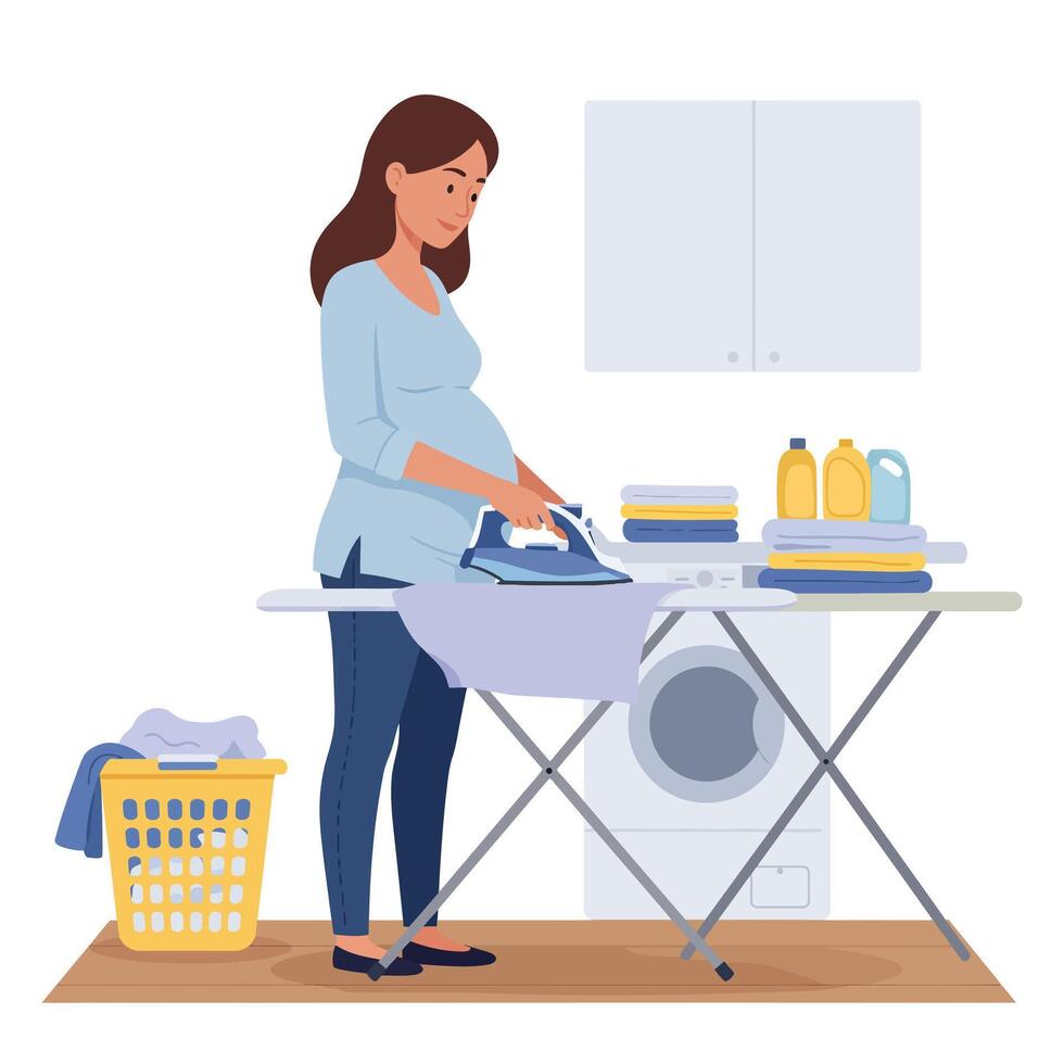 Pregnant woman ironing clothes in a flat design style illustration vector