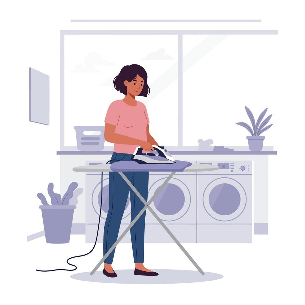 Woman ironing clothes in a domestic setting with flat design style illustration vector