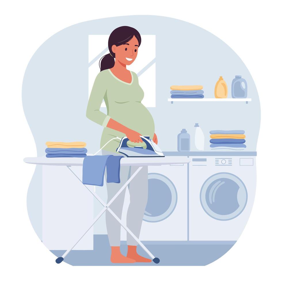 Pregnant woman ironing clothes in minimal flat design art vector