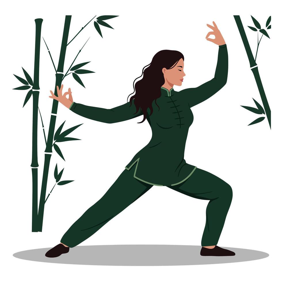 Woman practicing Tai Chi in green outfit surrounded by bamboo in flat art vector