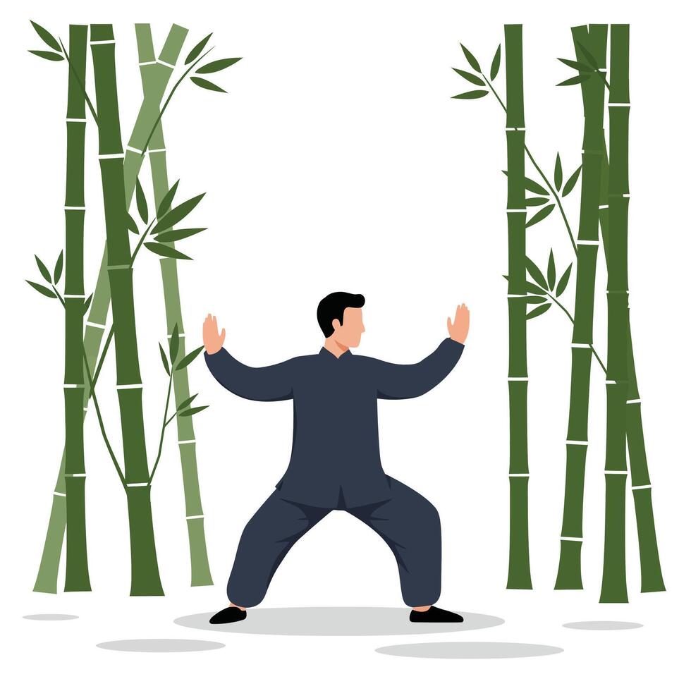 Man practicing Tai Chi among tall green bamboo in flat art vector