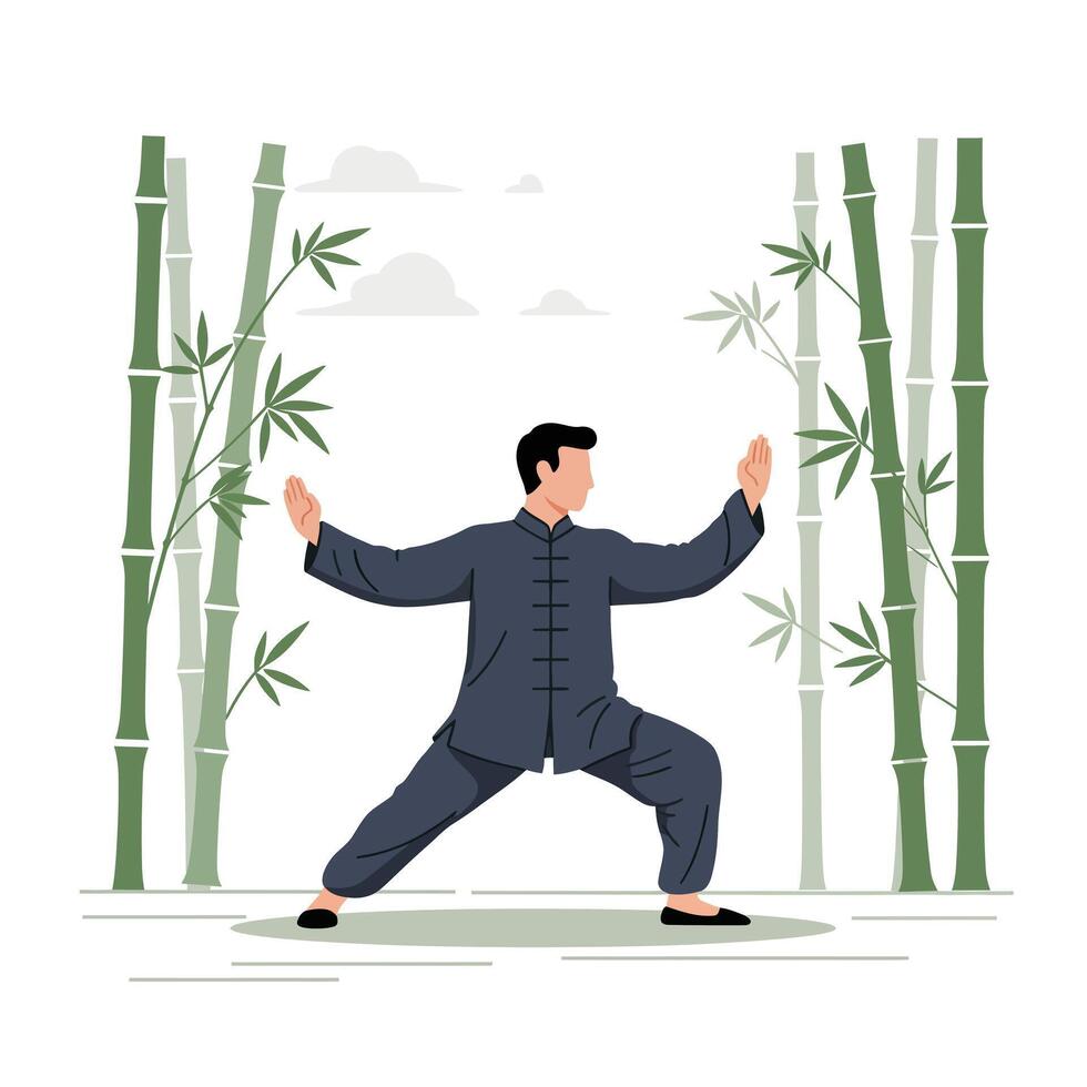 Person practicing Tai Chi surrounded by bamboo in flat illustration vector
