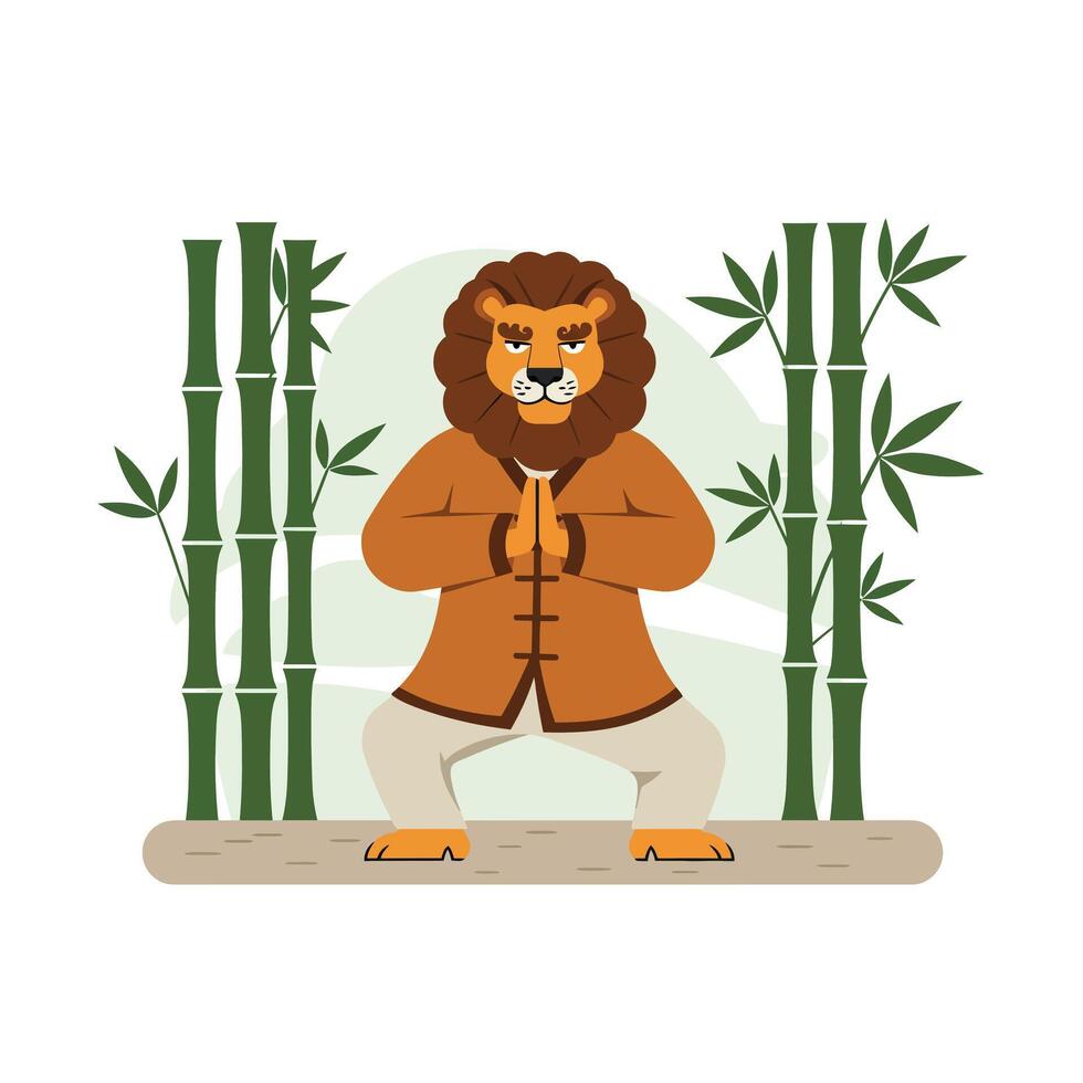 Lion practicing martial arts in flat design style surrounded by bamboo illustration vector
