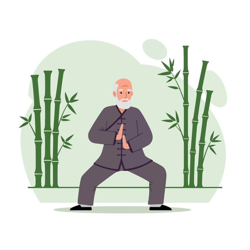 Elderly man practicing Tai Chi in serene bamboo garden flat art vector