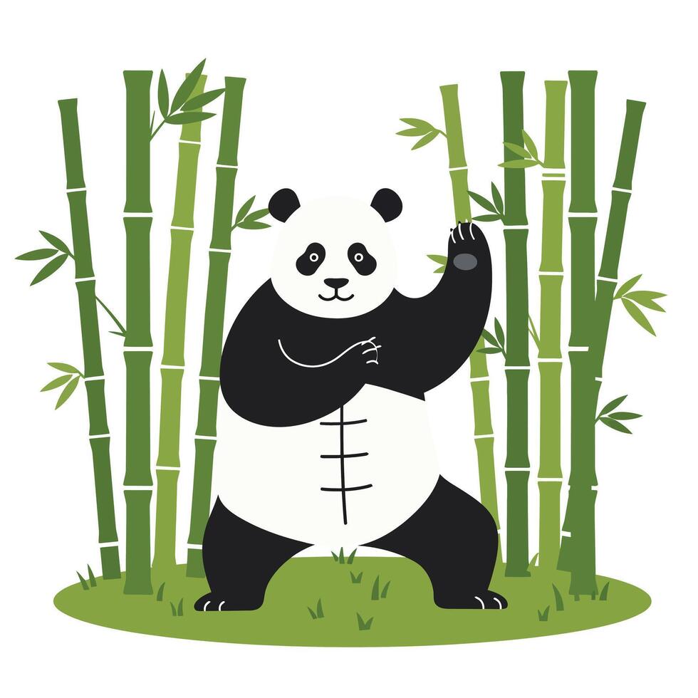 Panda character playfully waving among tall green bamboo in flat art vector