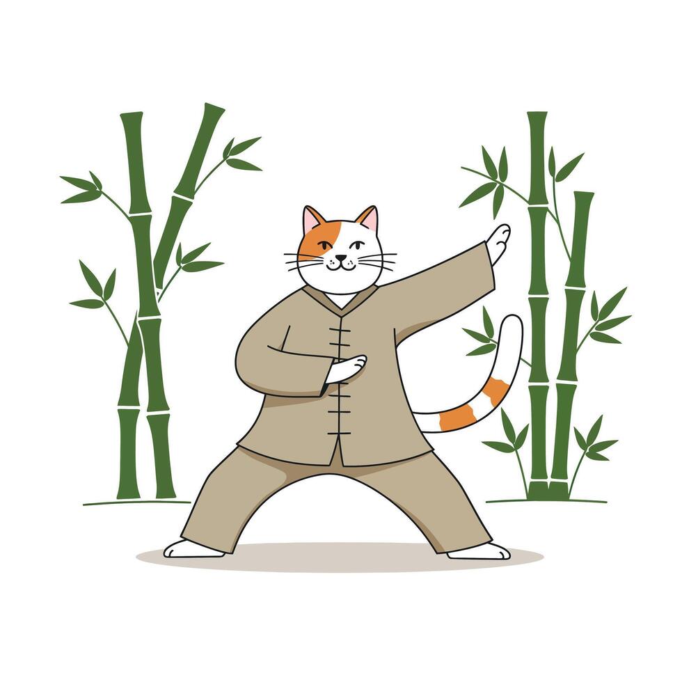 Cat practicing martial arts in a playful style with bamboo elements illustration vector