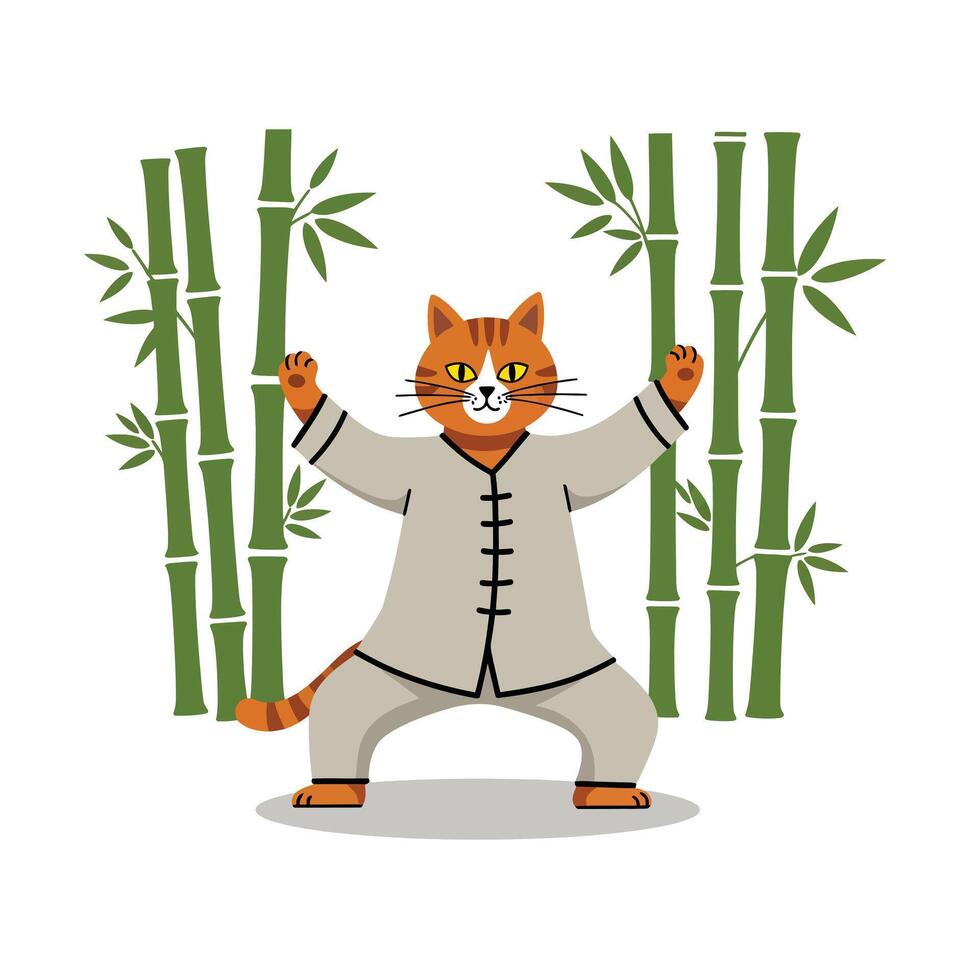 Playful cat practicing tai chi among bamboo in flat illustration vector