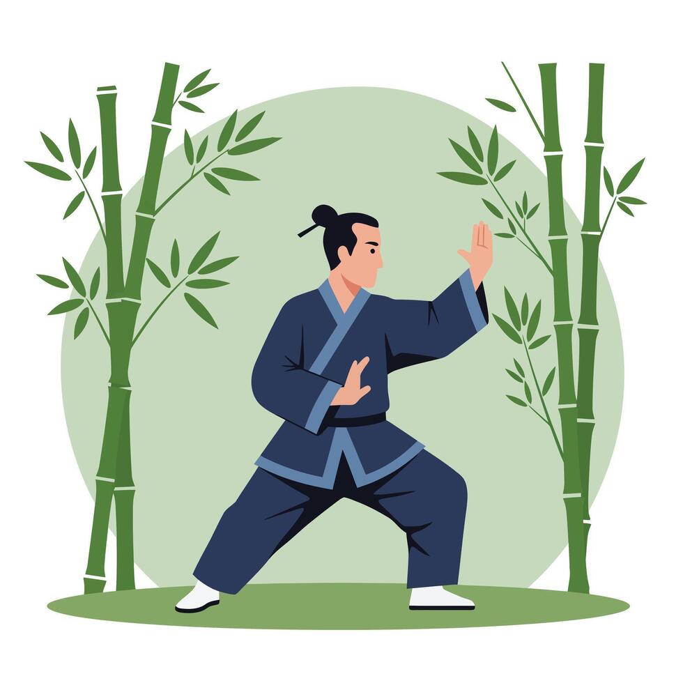 Martial artist practicing movements surrounded by bamboo in flat art vector