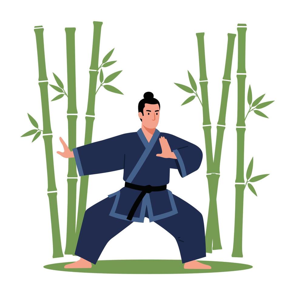 Martial artist practicing in a serene bamboo forest, flat art style, illustration vector