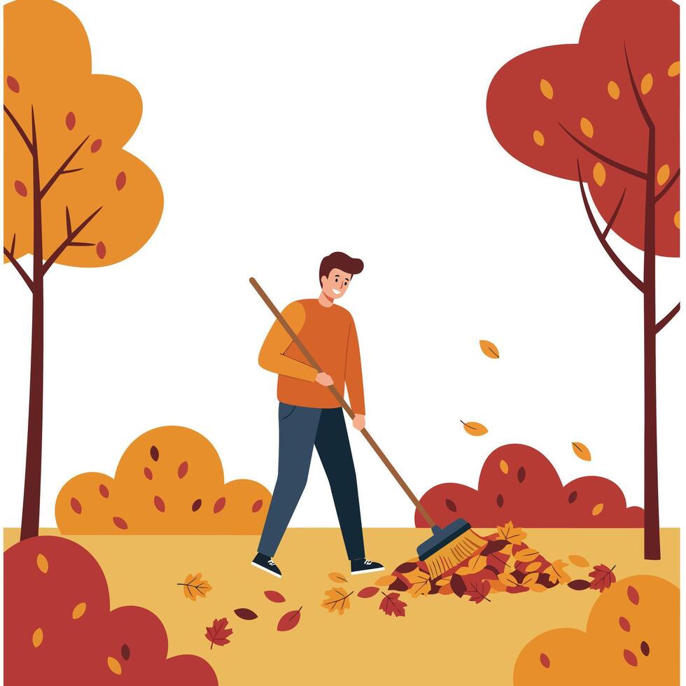 Person raking leaves in autumn colors, flat design illustration vector