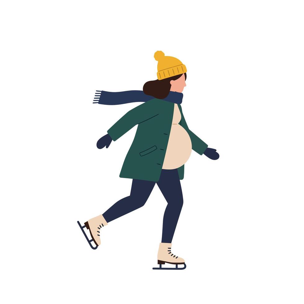 Pregnant woman skating in winter attire, minimal flat design art vector