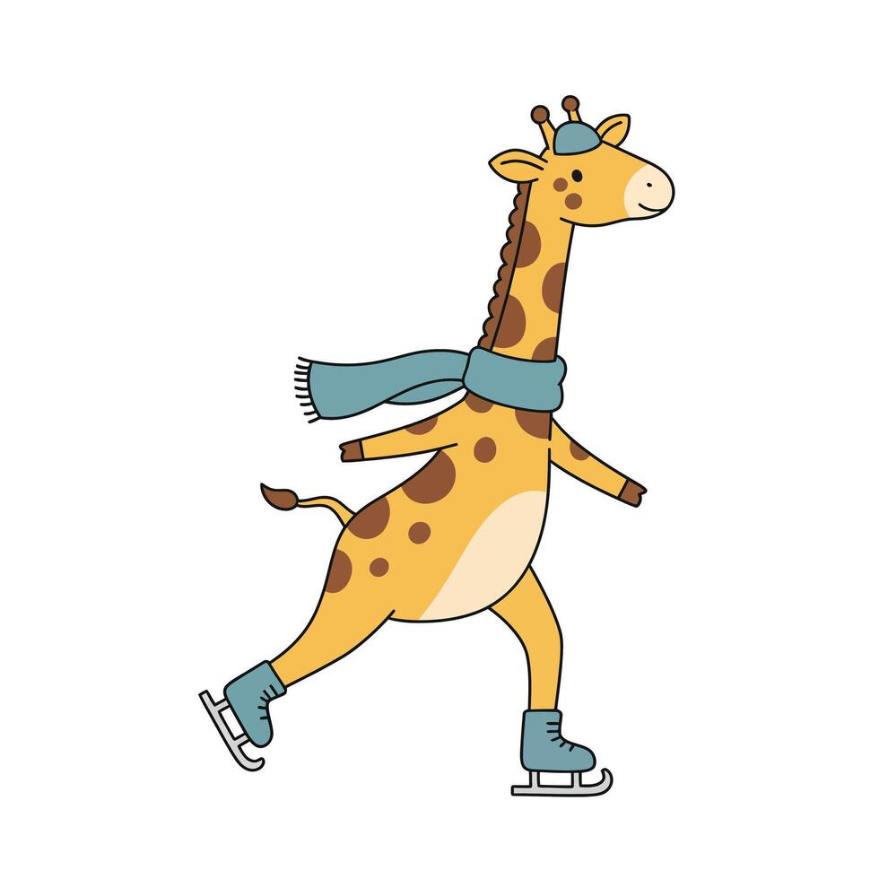 Giraffe skating gracefully with a scarf in flat art style vector