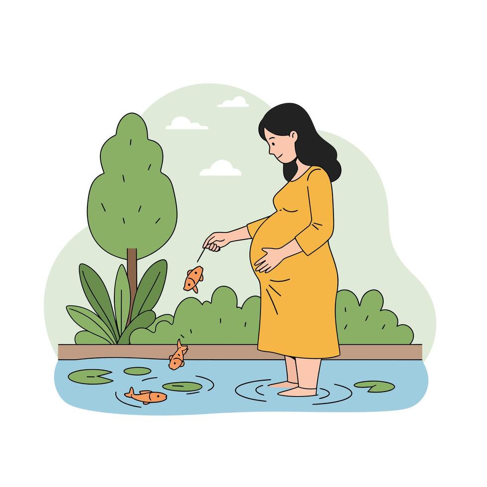 Pregnant woman feeding fish in pond with greenery flat illustration vector