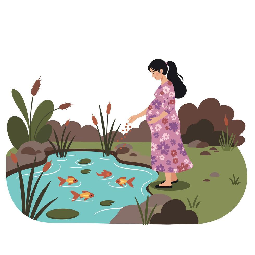 Woman feeding colorful fish by a serene pond in flat art vector
