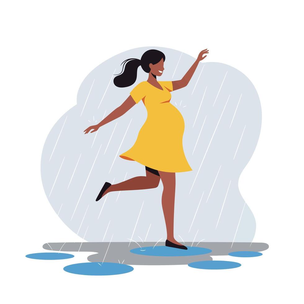 Pregnant woman joyfully dancing in rain with flat design elements in art vector