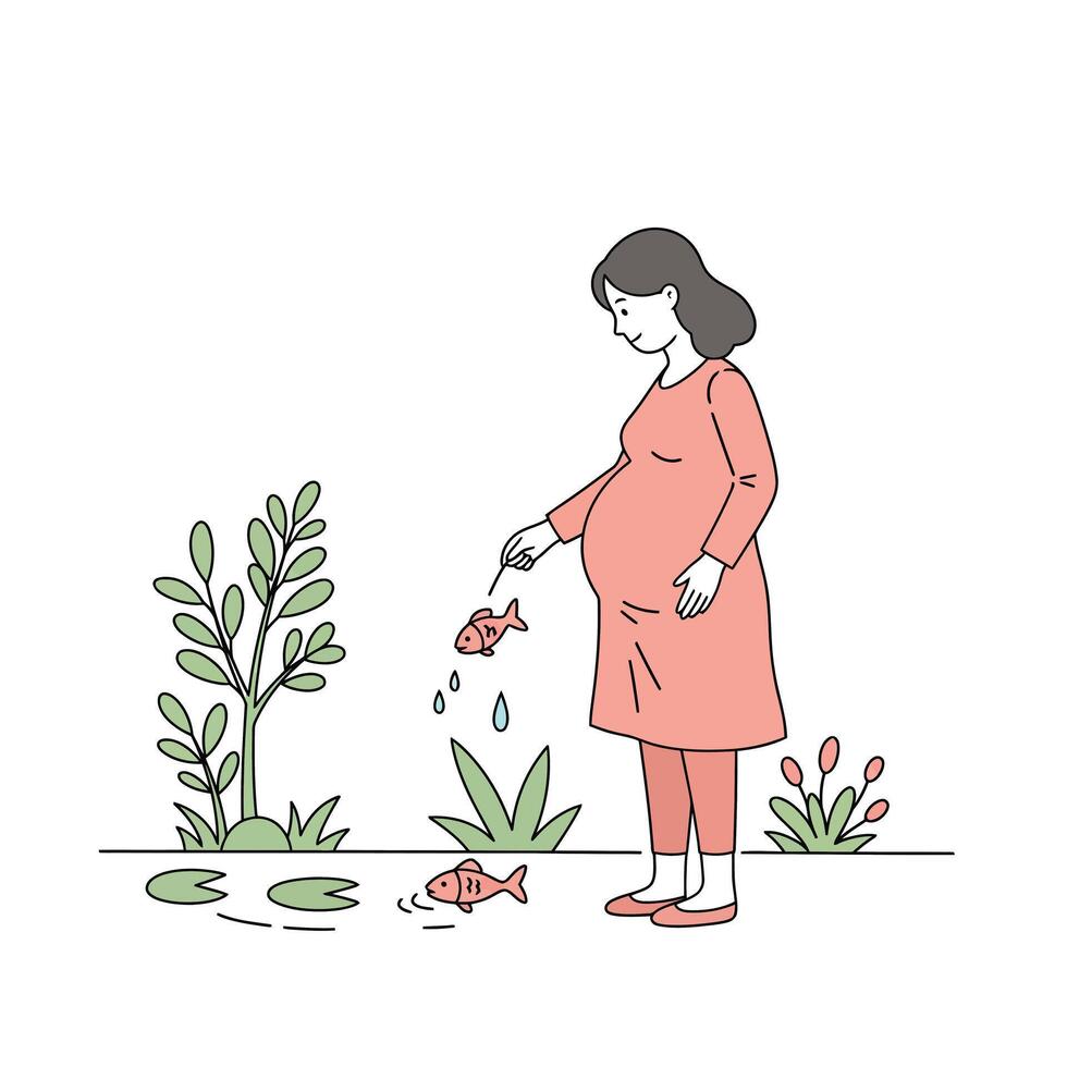 Pregnant woman feeding fish in a pond with minimal style illustration vector
