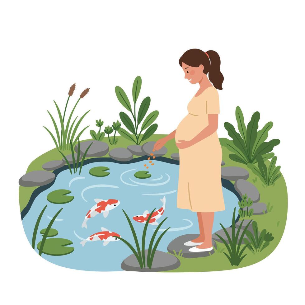 Pregnant woman feeding koi fish by a serene pond in flat art vector
