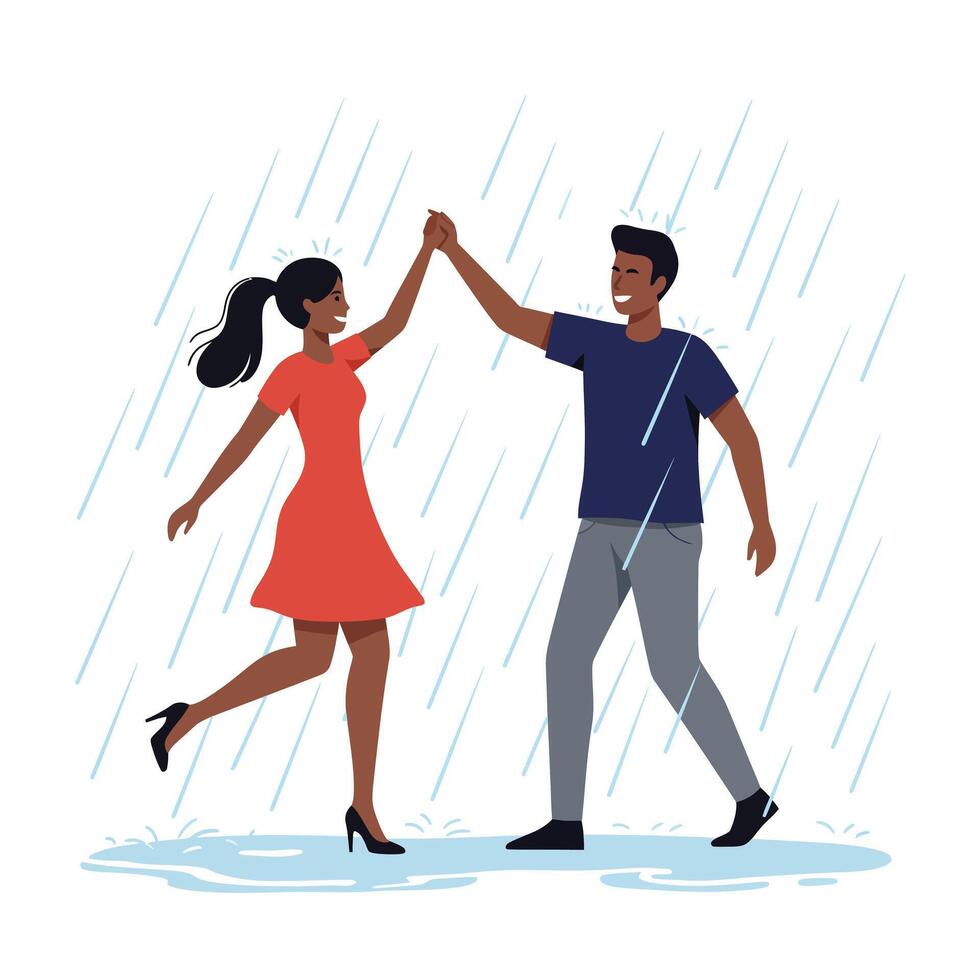 Happy couple dancing in the rain, flat design style, joyful illustration vector