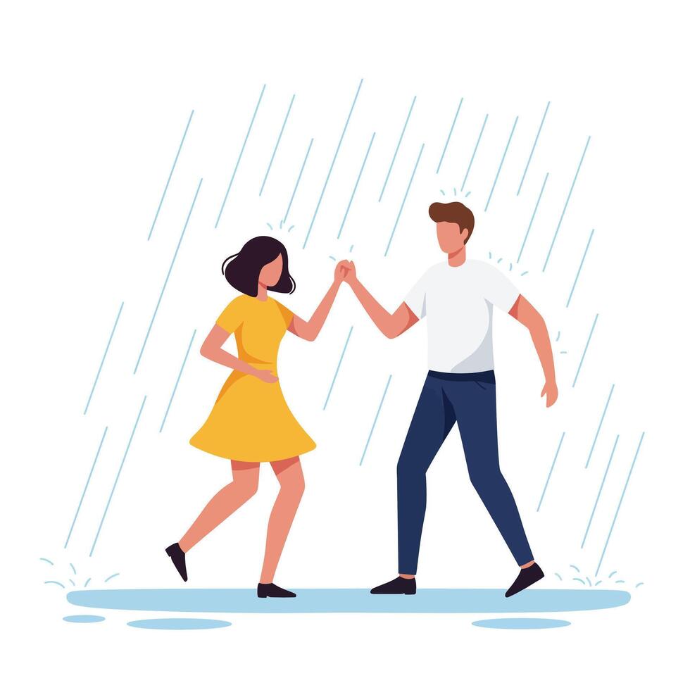 Couple dancing joyfully under rain in flat illustration style vector