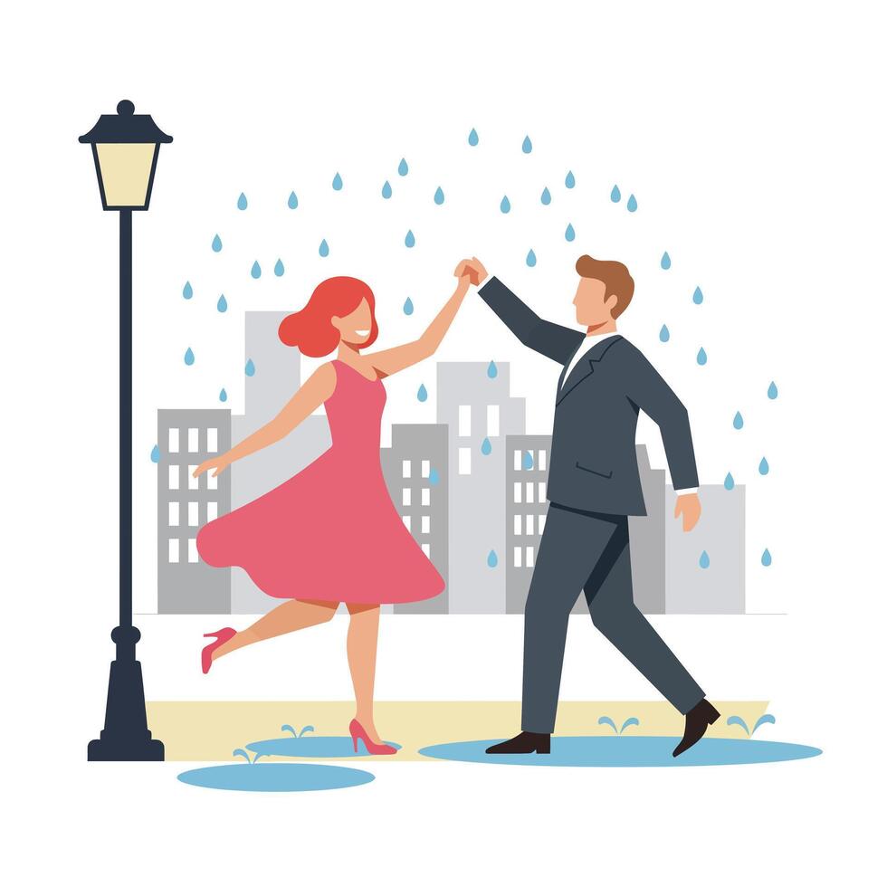 Couple dancing joyfully under streetlamp in the rain, flat illustration vector